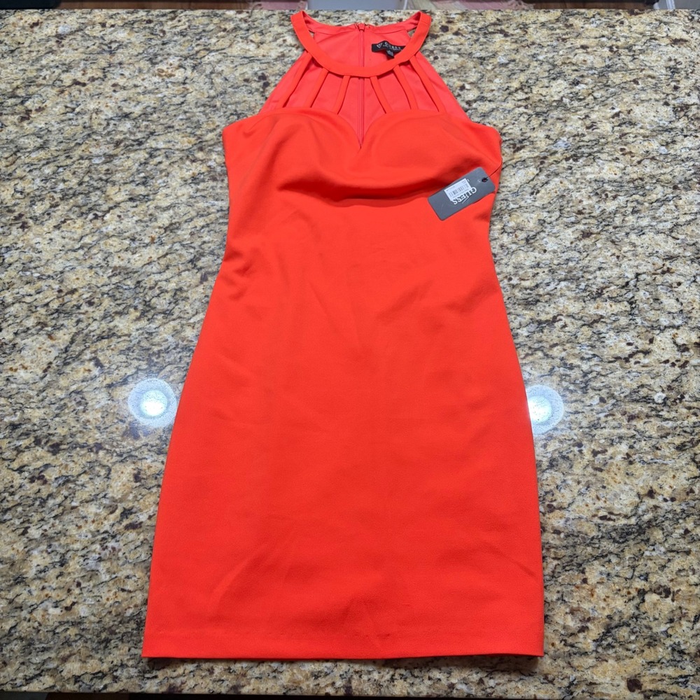 NEW Guess Womens Coral Orange Caged Halter Neck Bodycon Sheath Dress Size 6 ws